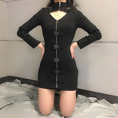 Gothic Key Hole Buckle Front Long Sleeve Bodycon Dress EG0474 - Egirldoll