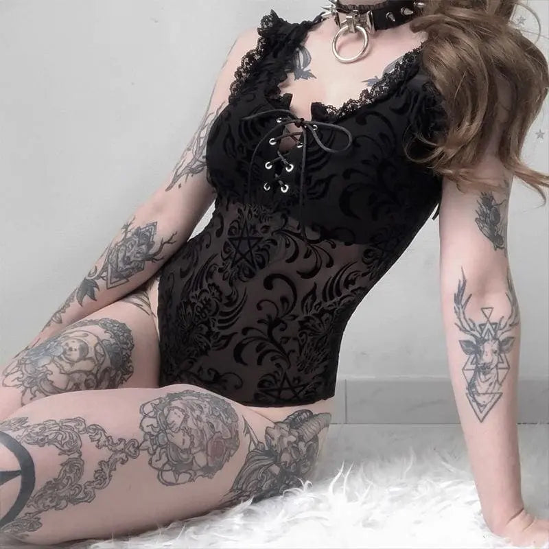 Gothic Lace And Mesh Bodysuit EG162 - Egirldoll