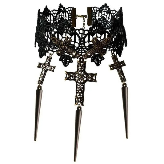 Gothic Lace & Crosses Choker Necklace EG334 - Egirldoll