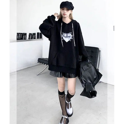 Gothic Love Heart Print Cross Drawstring Hoodie EG134 - Egirldoll