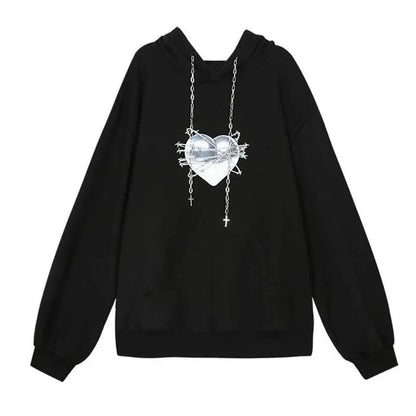 Gothic Love Heart Print Cross Drawstring Hoodie EG134 - Egirldoll