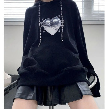 Gothic Love Heart Print Cross Drawstring Hoodie EG134 - Egirldoll