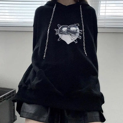 Gothic Love Heart Print Cross Drawstring Hoodie EG134 - Egirldoll