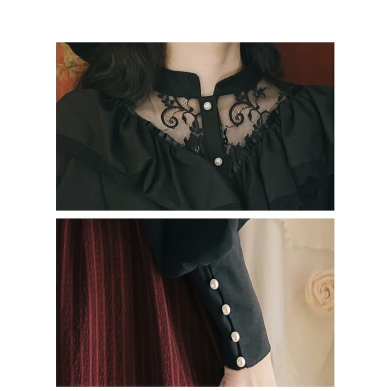 Gothic Retro Black Lace Ruffle Shirt High Waist Long Skirt Set EG16635 - Egirldoll