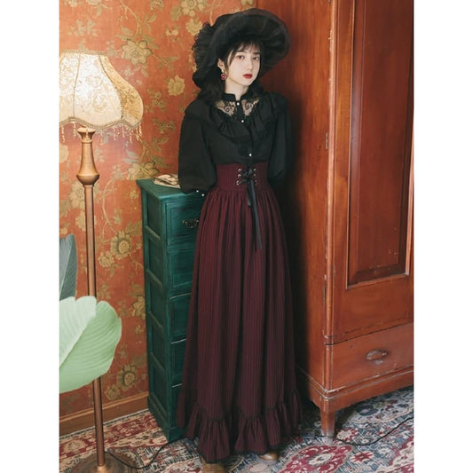 Gothic Retro Black Lace Ruffle Shirt High Waist Long Skirt Set EG16635 - Egirldoll