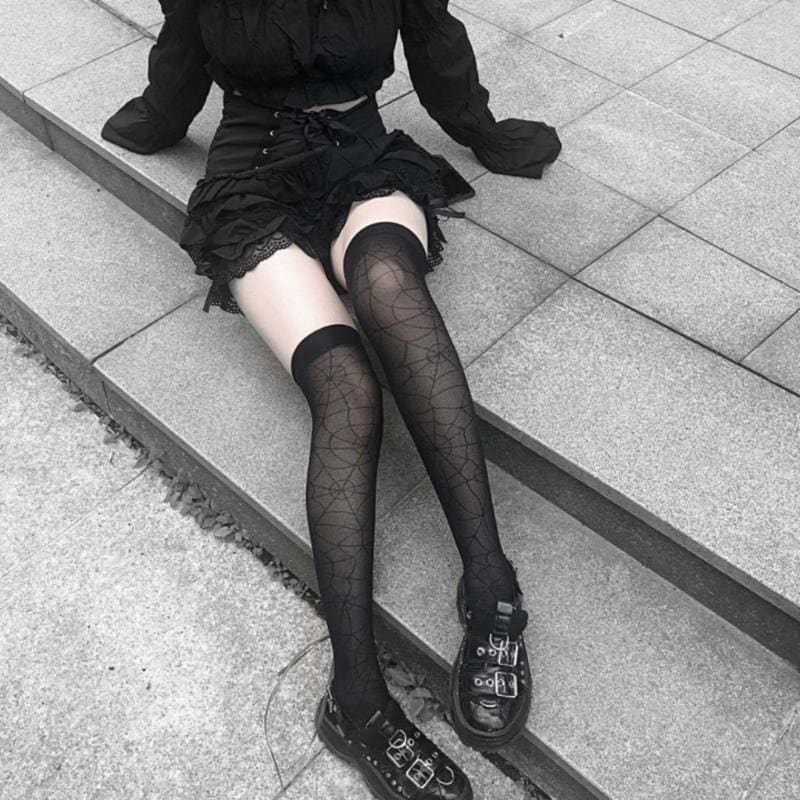 Gothic Spider Web Lolita Ruffles Lace Bowknot Black Stockings BE137 - Egirldoll