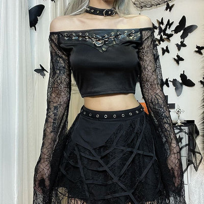 Gothic Spiderweb Sleeve Crop Top ON73 - Egirldoll