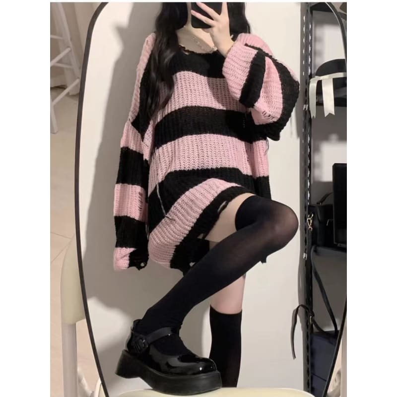 Grunge egirl Style Black Pink Stripes Fashion Sweater ON270 - Egirldoll