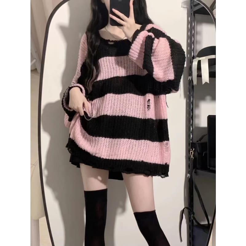 Grunge egirl Style Black Pink Stripes Fashion Sweater ON270 - Egirldoll