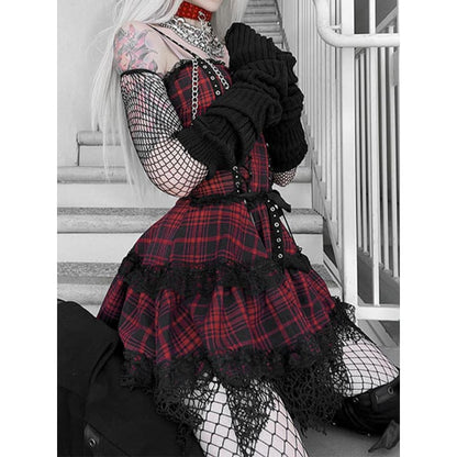 Grunge Plaid Red Black Strappy Dress ON81 - Egirldoll