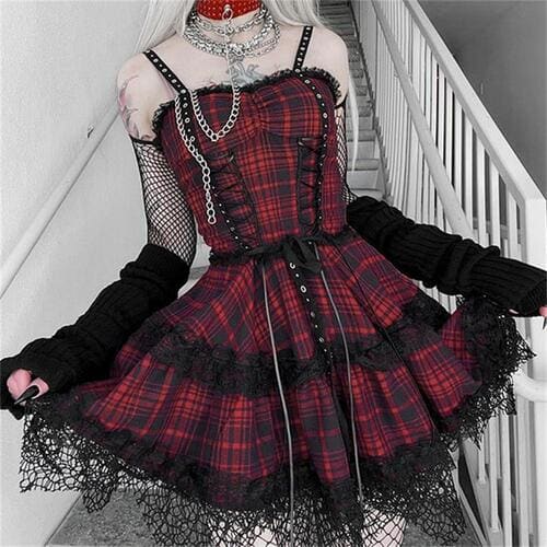 Grunge Plaid Red Black Strappy Dress ON81 - Egirldoll