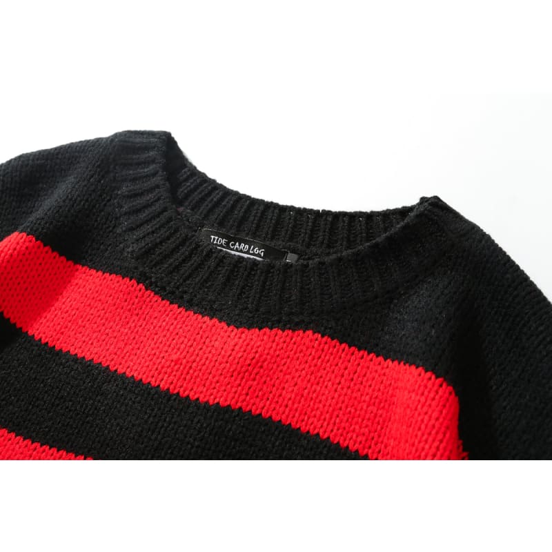 Grunge Stripe Ripped Red Black Sweater ON258 - Egirldoll