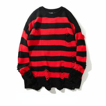 Grunge Stripe Ripped Red Black Sweater ON258 - Egirldoll