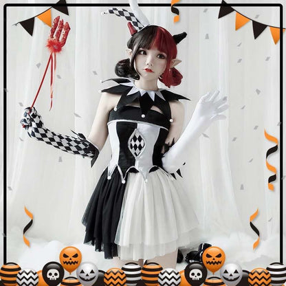 Halloween Gothic Devil Clown Cosplay Top Skirt Stockings Two Pieces HW1025 - Egirldoll