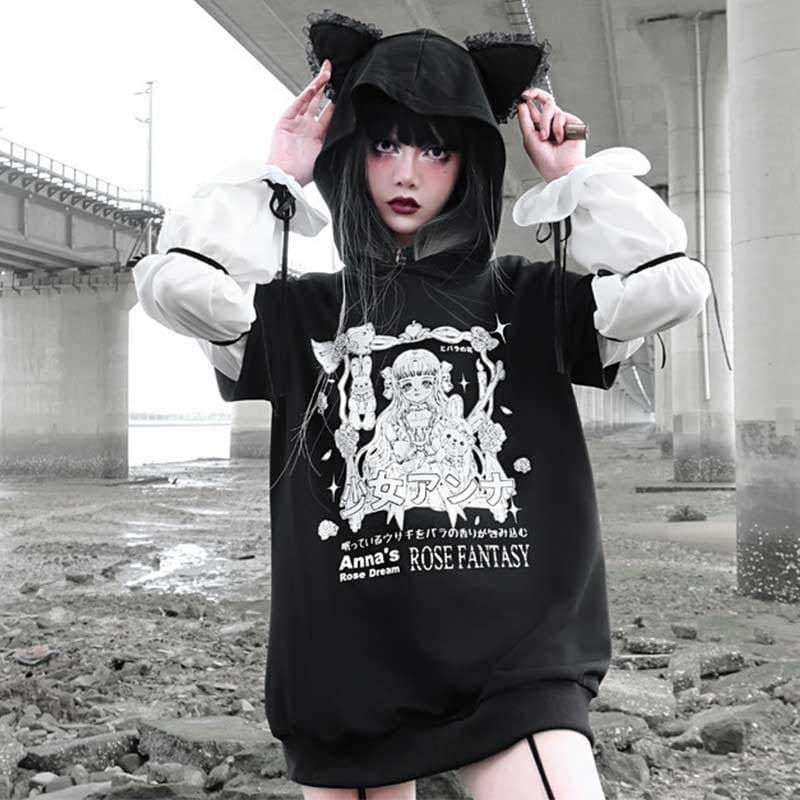 Harajuku Dark Girl Letter Print eGirl Cat Ear Hooded Sweatshirt EG16233 - Egirldoll