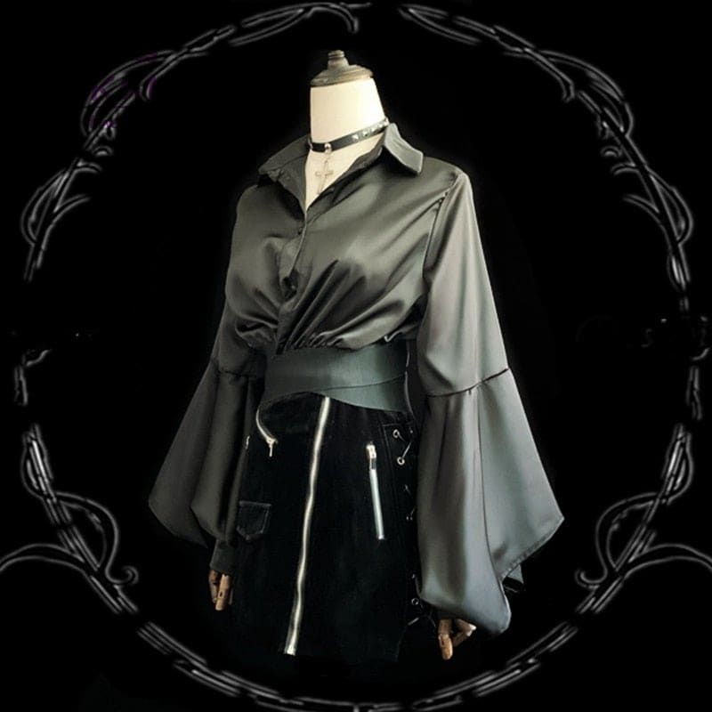 Harajuku Gothic Black Retro Flare Sleeve Turn-down Collar Blouse EG17374 - Egirldoll