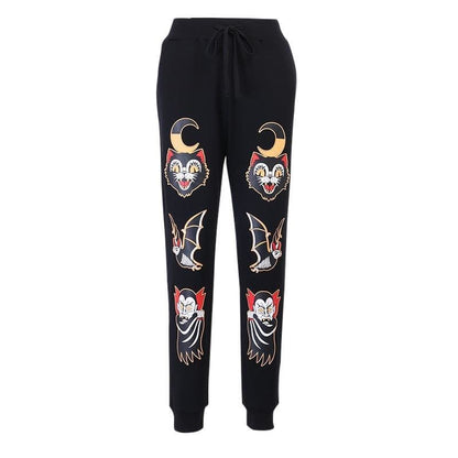 Harajuku Gothic Moon Black Print High Waist Pants FY047 - Egirldoll