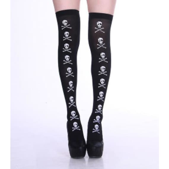 Harajuku Gothic Punk Skull Printed Black Thin Socks EG17187 - Egirldoll