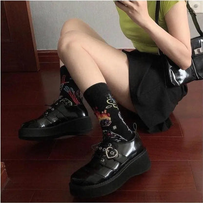 Harajuku JK Uniform Punk Lace-up Buckle Strap Platform Wedge Shoes EG15394 - Egirldoll