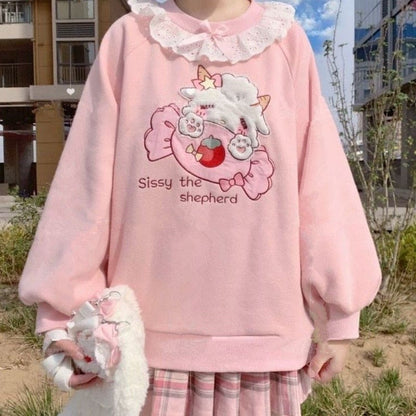 Harajuku Lace Neck Kawaii Pink Lamb And Candy Cute Hoodie EG16711 - Egirldoll