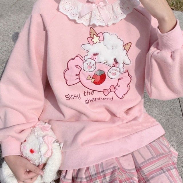 Harajuku Lace Neck Kawaii Pink Lamb And Candy Cute Hoodie EG16711 - Egirldoll