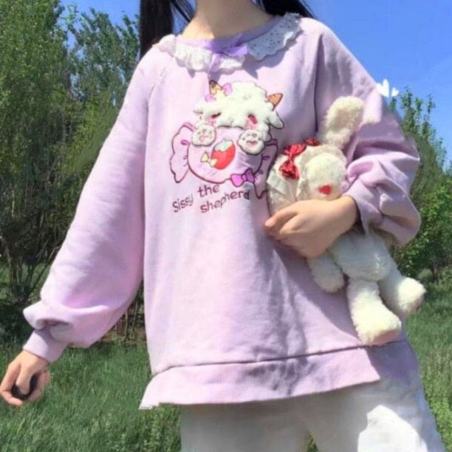 Harajuku Lace Neck Kawaii Pink Lamb And Candy Cute Hoodie EG16711 - Egirldoll