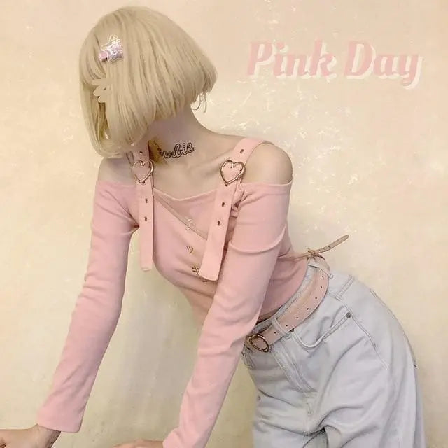 Harajuku Pink Black Heart Button Crop Tops EG096 - Egirldoll