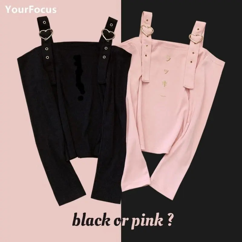 Harajuku Pink Black Heart Button Crop Tops EG096 - Egirldoll