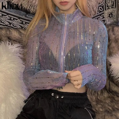 Harajuku See-through Sequins Zipper Long Sleeve Crop Top EG15517 - Egirldoll