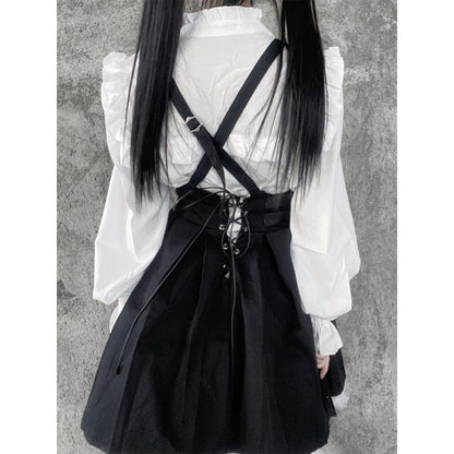 Harajuku Style Long Sleeve White Shirt Lace Up Black Suspender Skirt ON17 - Egirldoll