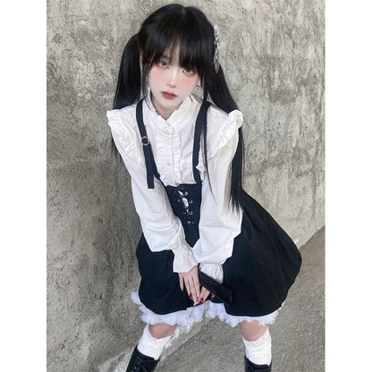 Harajuku Style Long Sleeve White Shirt Lace Up Black Suspender Skirt ON17 - Egirldoll