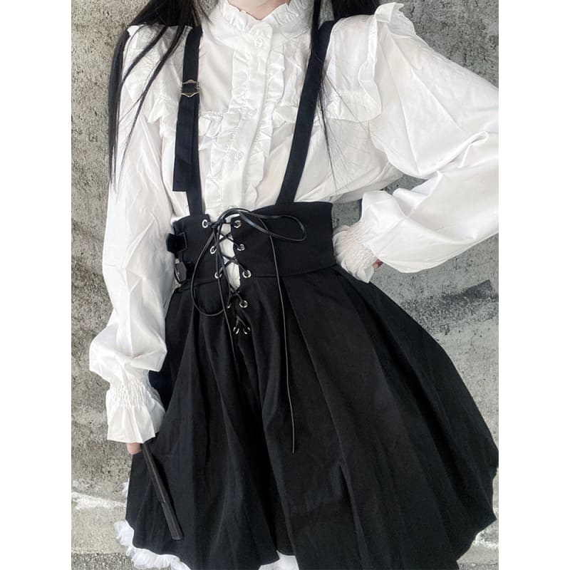 Harajuku Style Long Sleeve White Shirt Lace Up Black Suspender Skirt ON17 - Egirldoll