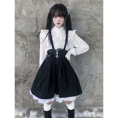 Harajuku Style Long Sleeve White Shirt Lace Up Black Suspender Skirt ON17 - Egirldoll