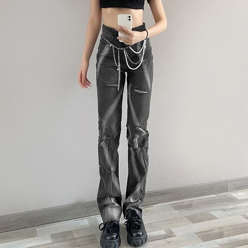 High Waist Slimming Printed Straight-leg Ripped Casual Jeans - Egirldoll