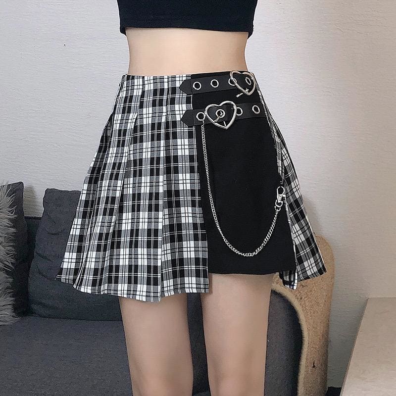 Irregular Double Buckle Hearts Plaid Mini Skirt EG401 - Egirldoll