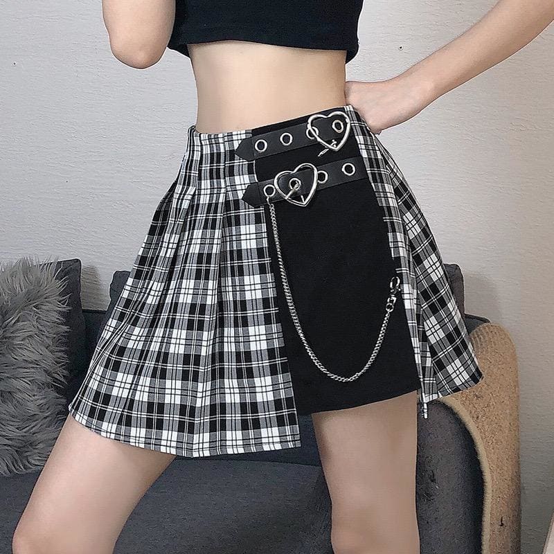 Irregular Double Buckle Hearts Plaid Mini Skirt EG401 - Egirldoll