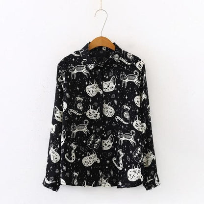 Japanese Black White Cartoon Cat Print Shirts FY051 - Egirldoll