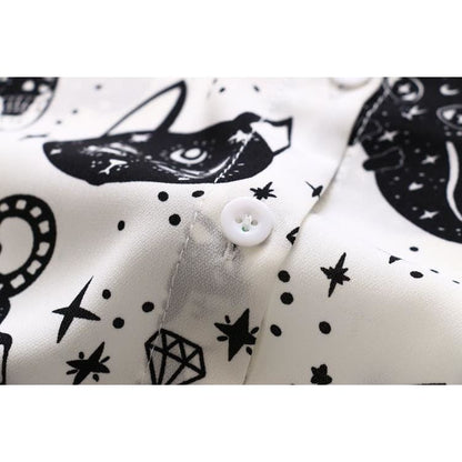 Japanese Black White Cartoon Cat Print Shirts FY051 - Egirldoll