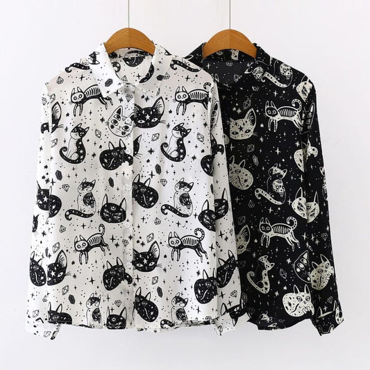 Japanese Black White Cartoon Cat Print Shirts FY051 - Egirldoll