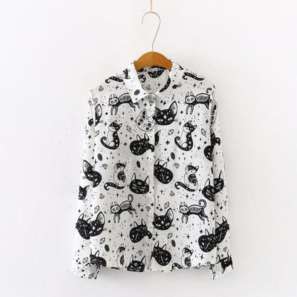 Japanese Black White Cartoon Cat Print Shirts FY051 - Egirldoll