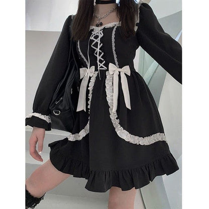 Japanese Gothic Black Kawaii Bow Mini Dress EG17317 - Egirldoll