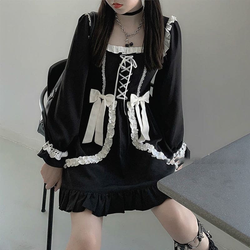 Japanese Gothic Black Kawaii Bow Mini Dress EG17317 - Egirldoll