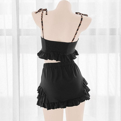 Japanese Kawaii Black Lingerie Dress Leopard Maid Outfits BE317 - Egirldoll