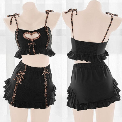 Japanese Kawaii Black Lingerie Dress Leopard Maid Outfits BE317 - Egirldoll