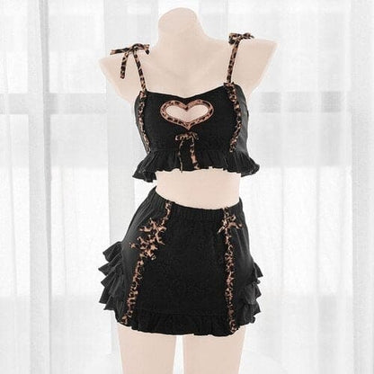 Japanese Kawaii Black Lingerie Dress Leopard Maid Outfits BE317 - Egirldoll