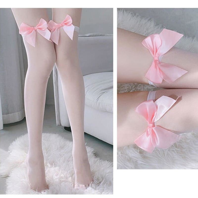 Japanese Kawaii Bow Thigh High Socks Transparent Silk Stocking SP16476 - Egirldoll