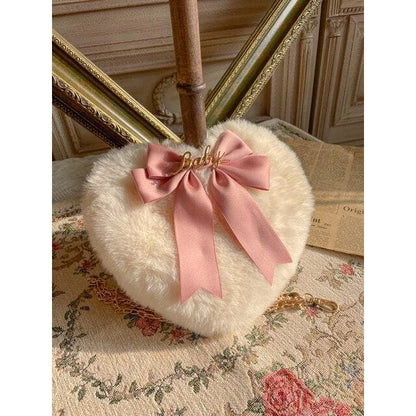 JK Lolita Heart Plush Cute Pearl Chain Hand Bag BE197 - Egirldoll