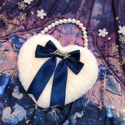 JK Lolita Heart Plush Cute Pearl Chain Hand Bag BE197 - Egirldoll