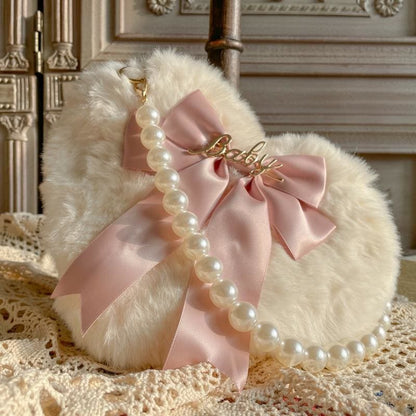 JK Lolita Heart Plush Cute Pearl Chain Hand Bag BE197 - Egirldoll