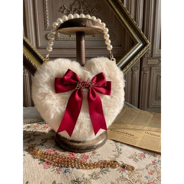 JK Lolita Heart Plush Cute Pearl Chain Hand Bag BE197 - Egirldoll
